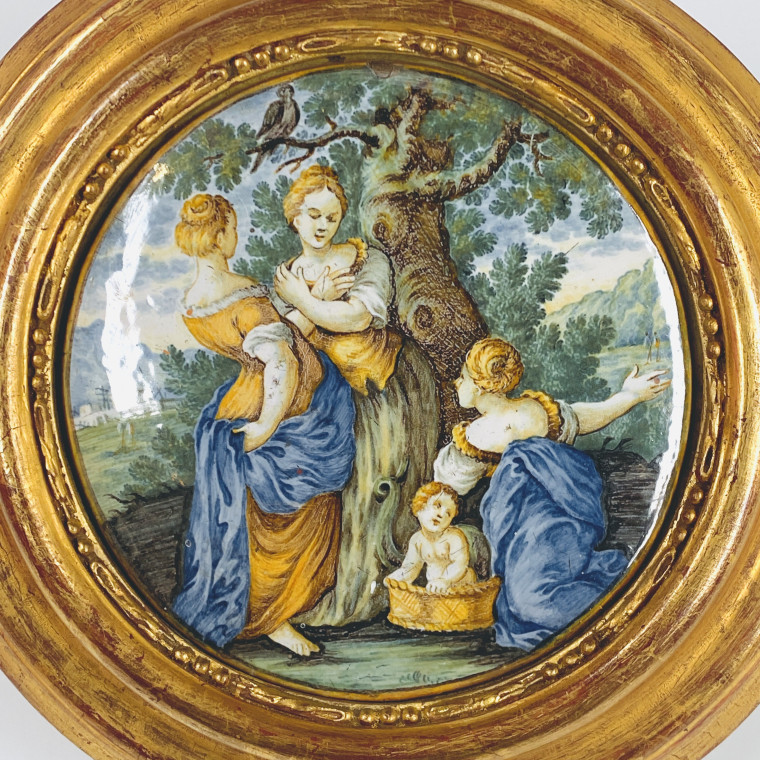 Plaque en faïence de Castelli figurant "Moïse sauvé des eaux" - XVIIIe siècle