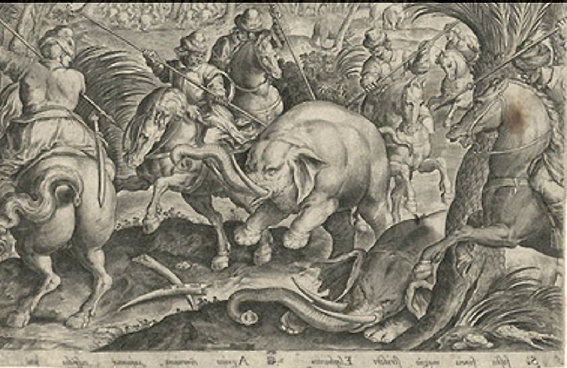 Plat en faïence de Laterza " La chasse à l'éléphant" - XVIIe siècle