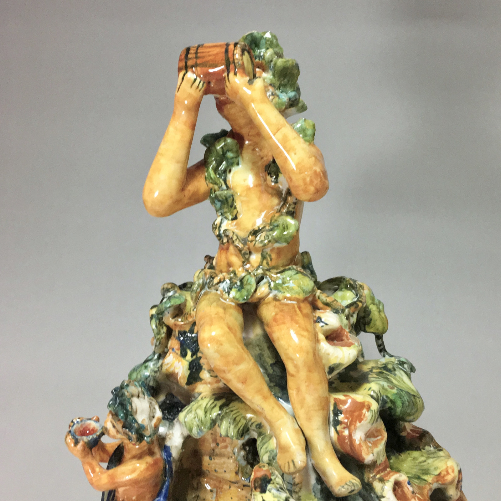 Fountain depicting Bacchus in majolica from Urbino, Patanazzi workshop circa 1580.
